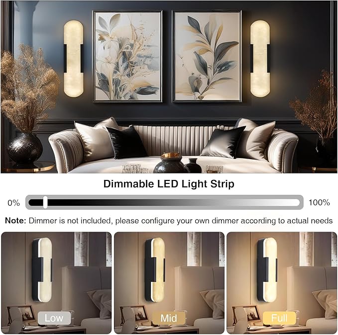 Alabaster Wall Sconces Set of 2,19.7'' Brass Wall Sconce Natural Marble Wall Sconce for Bathroom, Indoor Modern Wall Light Fixtures for Living Room Hallway Stairs Vanity Bedside, Black