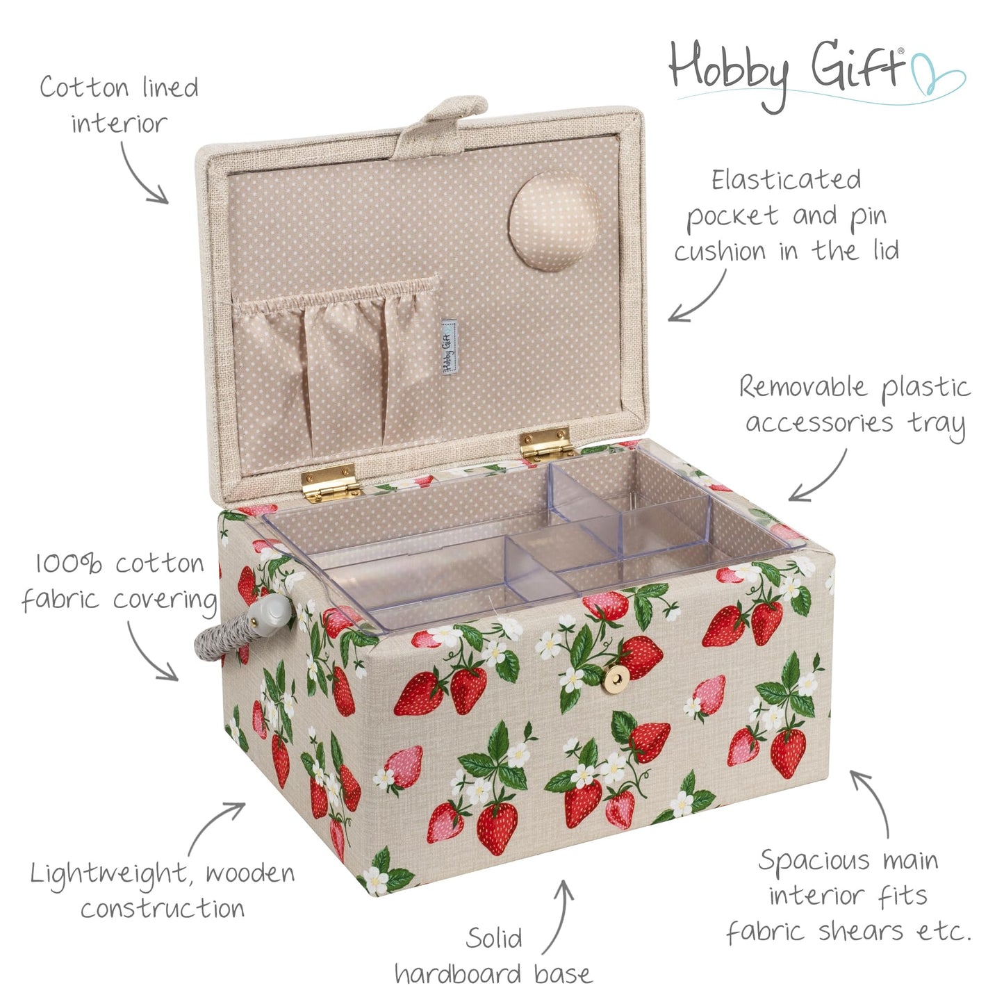 Hobby Gift Medium Sewing Box Organiser, Fabric Covered Storage Box with Handle, Internal Tray, Pin Cushion and Pocket for Sewing, Quilting and Knitting Supplies