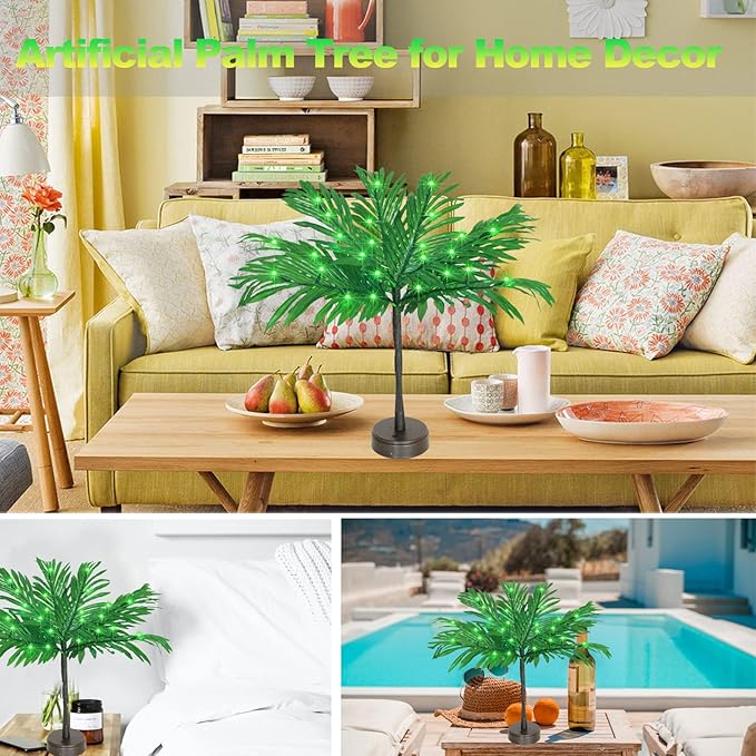 23 In Lighted Palm Tree Table Decor, Tropical Artificial Palm Tree Lights Branches Battery USB Powered, LED Mini Light Up Palm Tree Decor Table Centerpiece for Luau Summer Hawaiian Party Tiki Bar Home