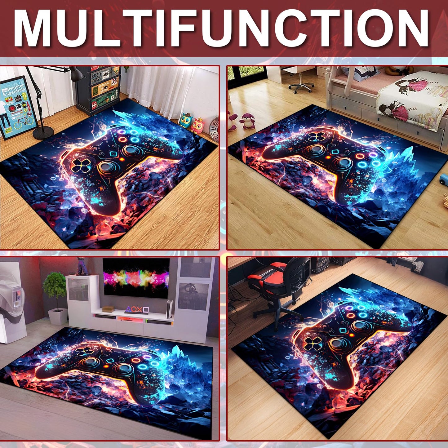Gaming Area Rug Teen Boys Carpet, Colorful Gamepad Background Game Controller Design for Game Room, Boys Girls Bedroom Playroom, Living Room (Crystal Cave, 60" x 40")