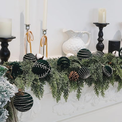 3.15INCH Green Velvet Ornaments for Christmas Tree, 12PCS Glitter Flocked Christmas Ornaments Decorations Balls Set Decor
