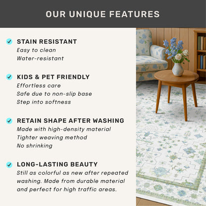 Hazo Haus Blue and Green Living Room Rug 8x10 - Cream Oushak Vintage Boho Floral Farmhouse, Washable Low Pile Non-Slip Extra Large Area Rugs for Bedroom, Girls, Boys, Playroom, Lounge