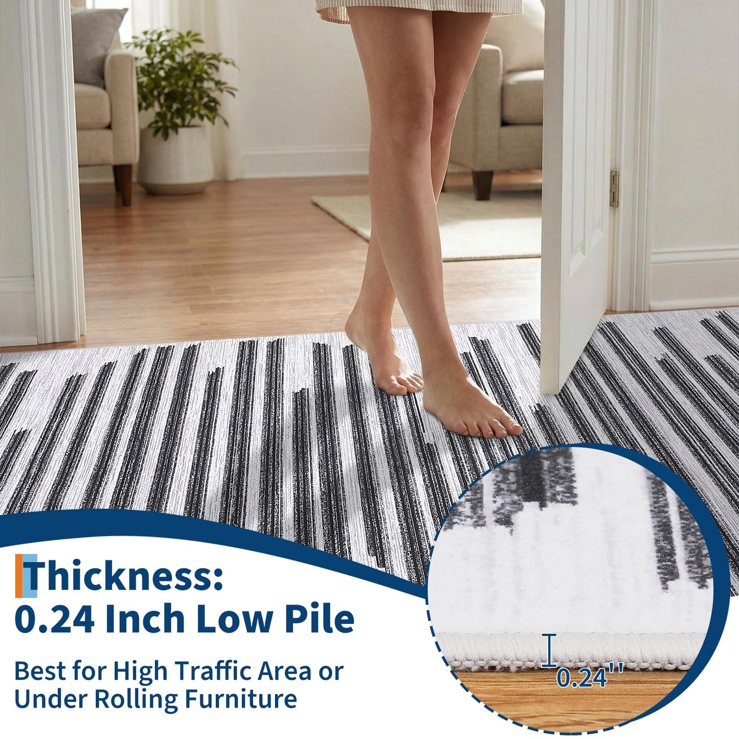 GarveeHome 8x10 Washable Living Room Rug Modern Striped Non Slip Low Pile Indoor Carpet for Home Office Bedroom Dining Room Geometric Stain Resistant Simple Rugs, Black Grey