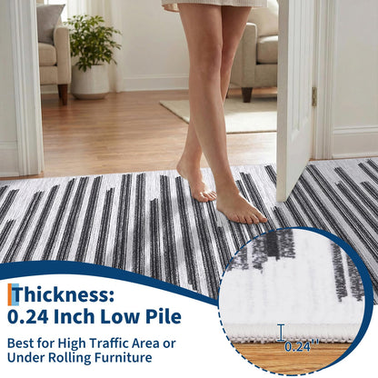 GarveeHome 8x10 Washable Living Room Rug Modern Striped Non Slip Low Pile Indoor Carpet for Home Office Bedroom Dining Room Geometric Stain Resistant Simple Rugs, Black Grey