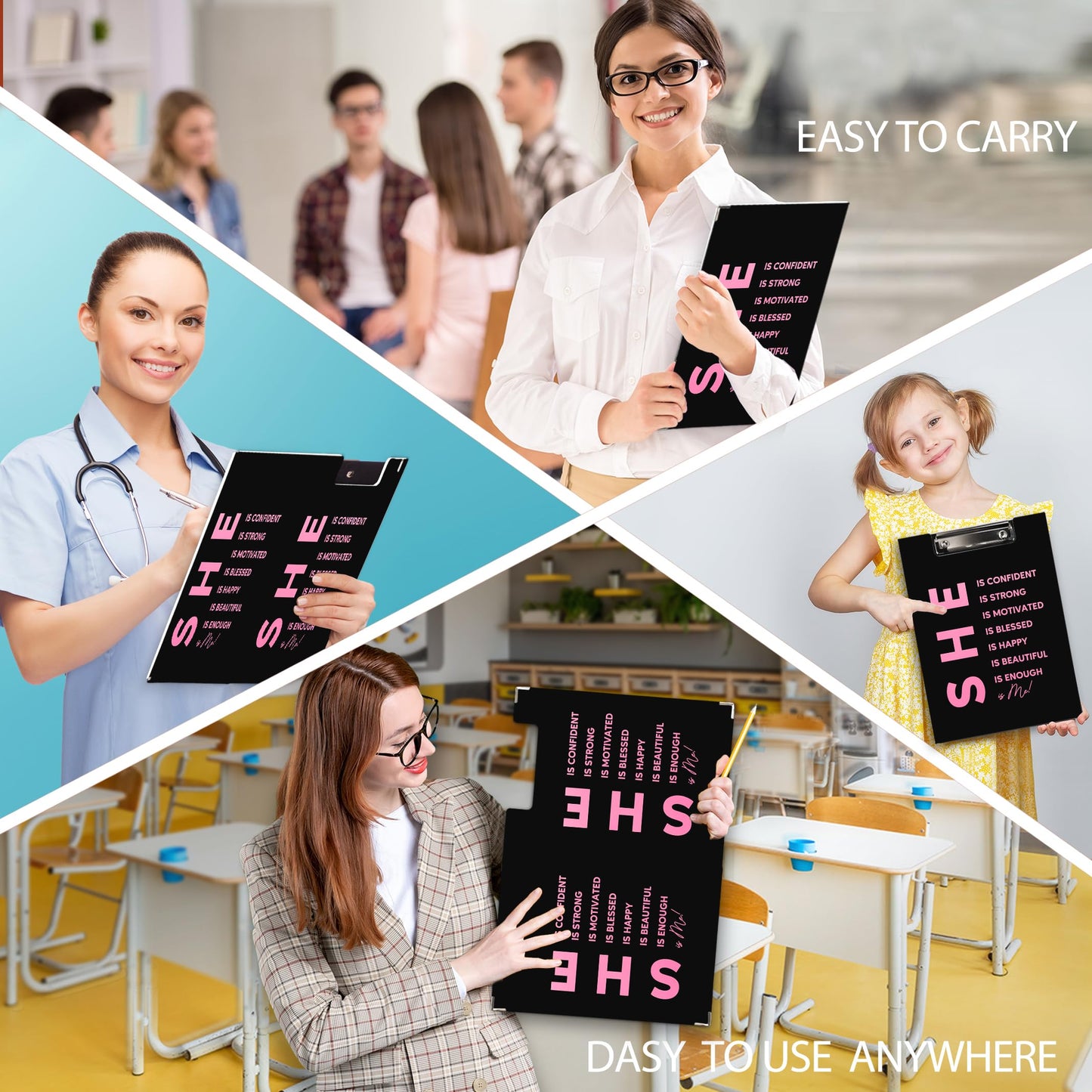 Ku-dayi Inspirational Positive Clipboard Padfolio with Storage Pocket, She is Me Motivational Affirmations Low Profile Clip Boards for Nurse Office Classroom, Gifts for Women Girls, 12.4 x 9.25 in