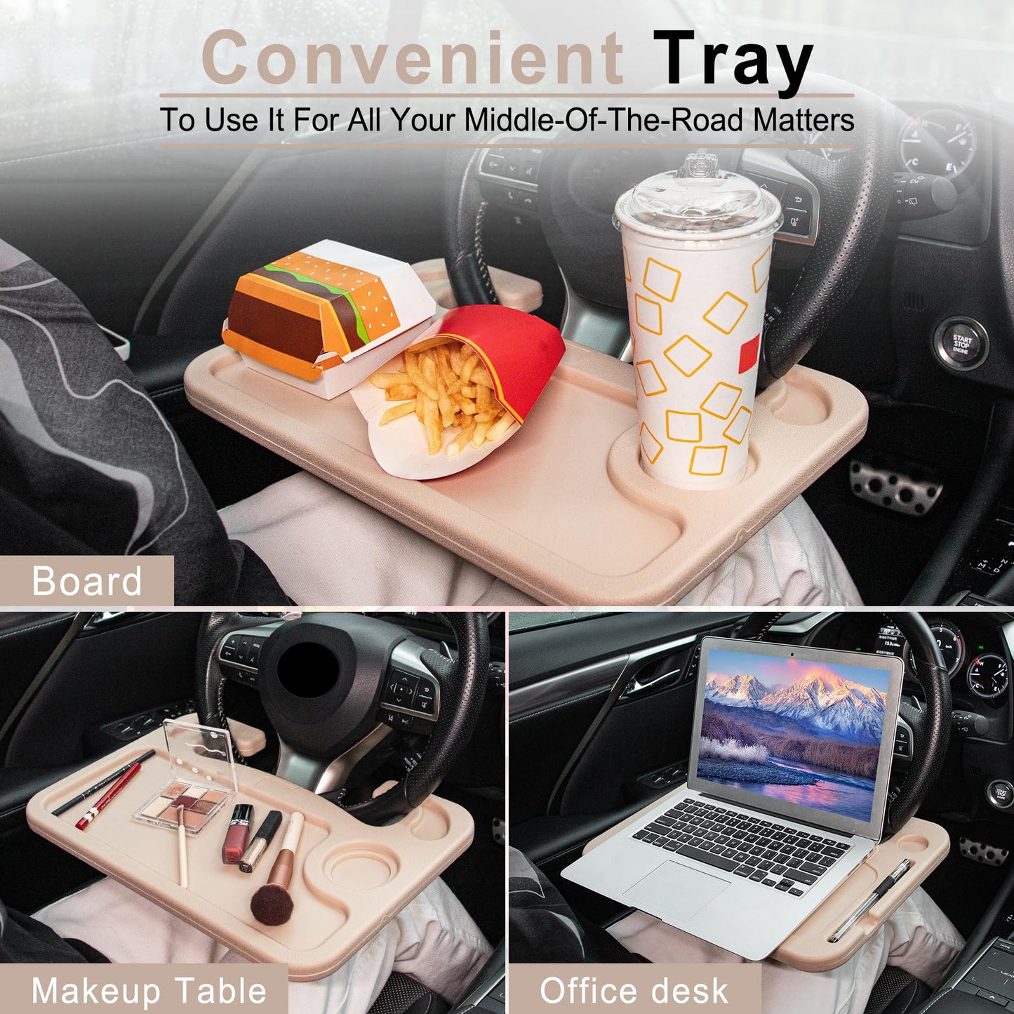 JUSTTOP Car Steering Wheel Desk for Laptop,Multipurpose Travel Car Accessories, Car Seat Stand Trays for Eating, Steering Wheel Under Table Console(Black)