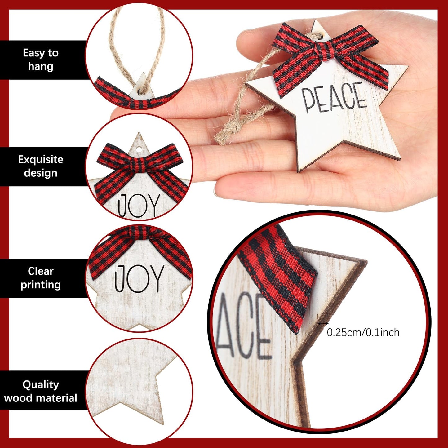 Vercraft 24 Pcs Christmas Star Ornaments Wooden Farmhouse Star Hanging Ornaments with Bows Wood Pendants for Xmas Tree Home Church Holiday Party Decoration