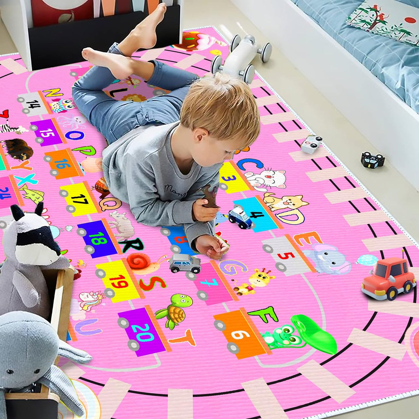 DoRlPIeY Kids ABC Pink Play Rug, Girl Alphabet Rugs with Numbers Animal Train and Road Shapes Learning Fun Educational Carpet, Playmat for Kid Bedroom Playroom(31x47 in Small Pattern)