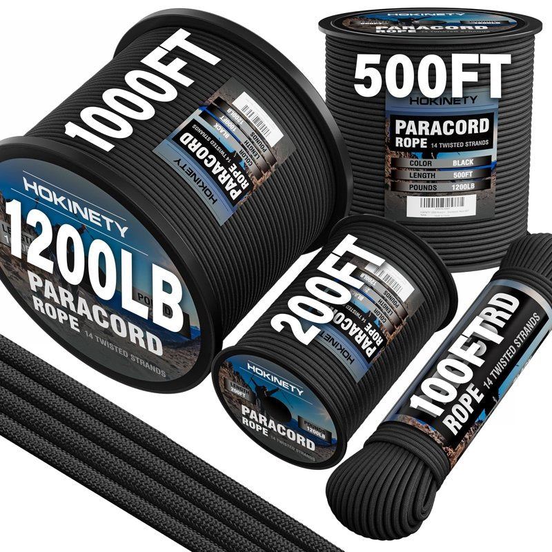 HOKINETY 1200 Paracord Rope - 4.4mm 14 Strand Nylon Parachute Spool para Cord Lanyard for Outdoor Camping Survival Utility Tent Crafting DIY Projects Fishing Clothsline Bracelet - Black 300FT
