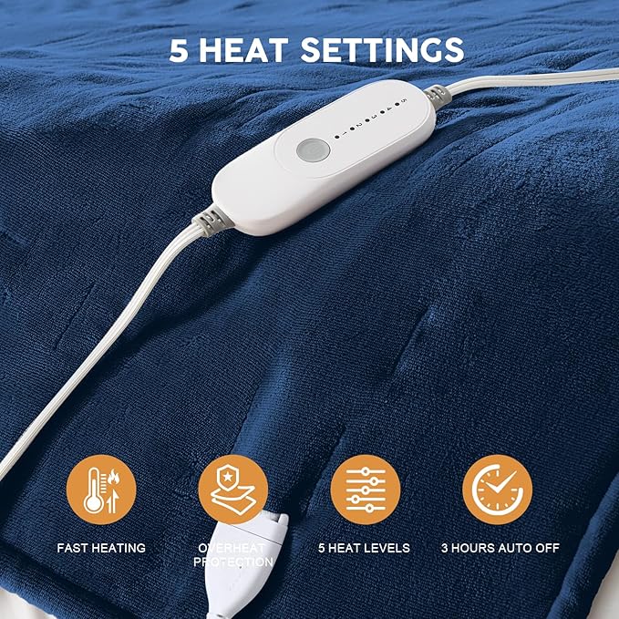 HYLEORY Heated Electric Blanket Queen 84"x90" Soft Fleece & Flannel with 5 Heating Levels & 10 Hours Timer Auto Shutt Off, ETL Certified, Washable，Heated Blanket for Body-Navy
