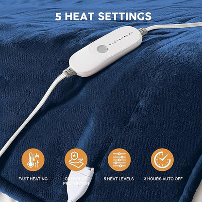 HYLEORY Heated Electric Blanket Throw 50"x60" Soft Fleece & Flannel with 5 Heating Levels & 3 Hours Timer Auto Shutt Off, ETL Certified, Washable，Heated Blanket for Body-Navy
