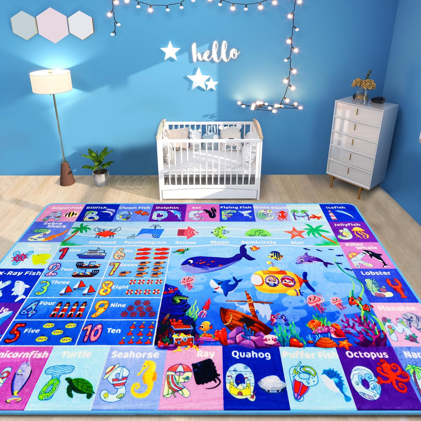 Mfmiudole Ocean Educational Kids Learning Rug with ABC Alphabet, Sea Animals, Numbers & Shapes, Interactive Preschool Play Carpet for Classroom Nursery Homeschool, Non-Slip Rug, 5' x 3'3"