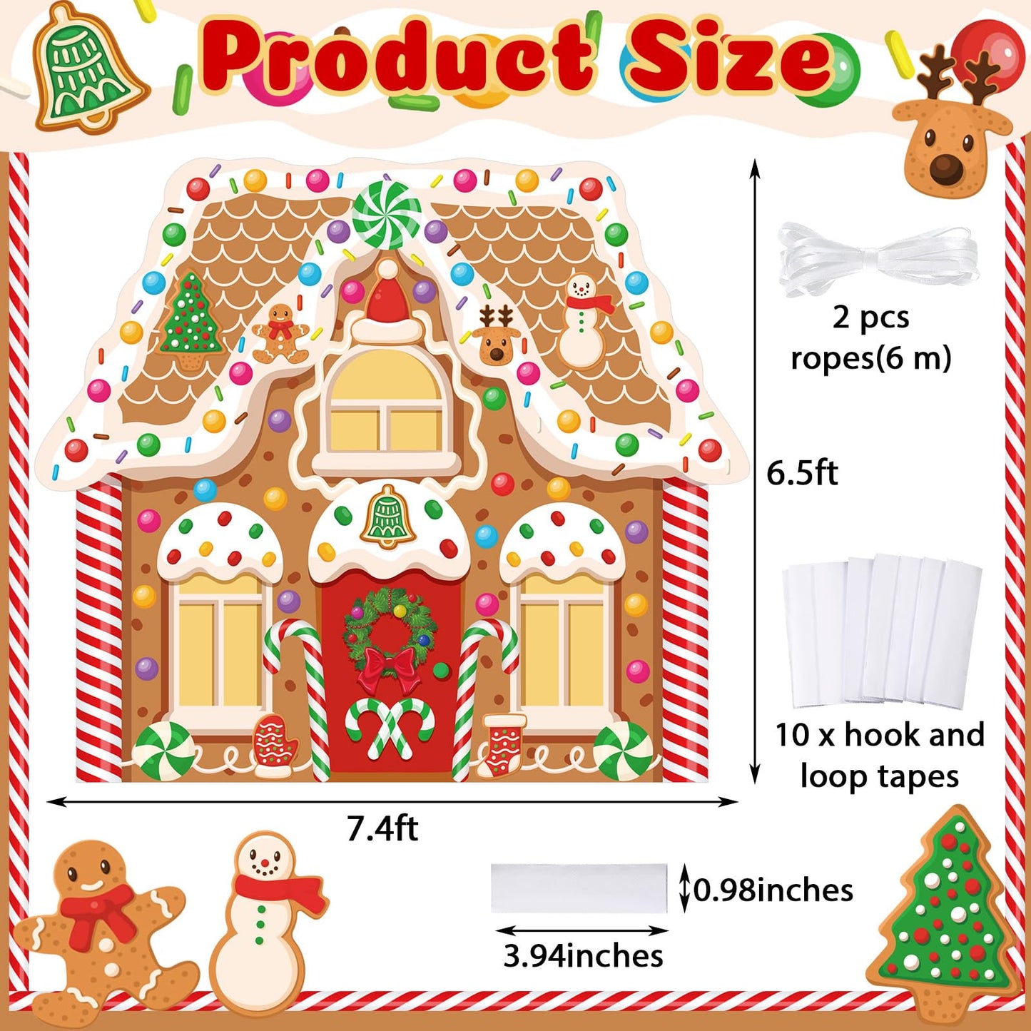 Panelee Extra Large Christmas Banner Decorations 7.4x6.5 ft Polyester Gingerbread House Backdrop Xmas Party Background for Xmas Holiday Garage Door Yard Photo Booth Indoor Outdoor Decor(Vivd)