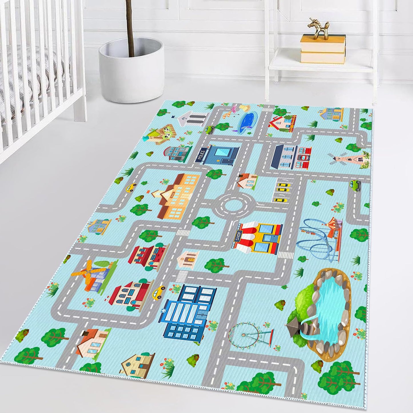 MLLgYq Kids Car Rug, 2' 7" x 4' City Life Traffic Road Playmat for Toy Cars Trains, Non-Slip Race Track Carpet Educational Fun Rugs for Boy and Girl Bedroom Nursery