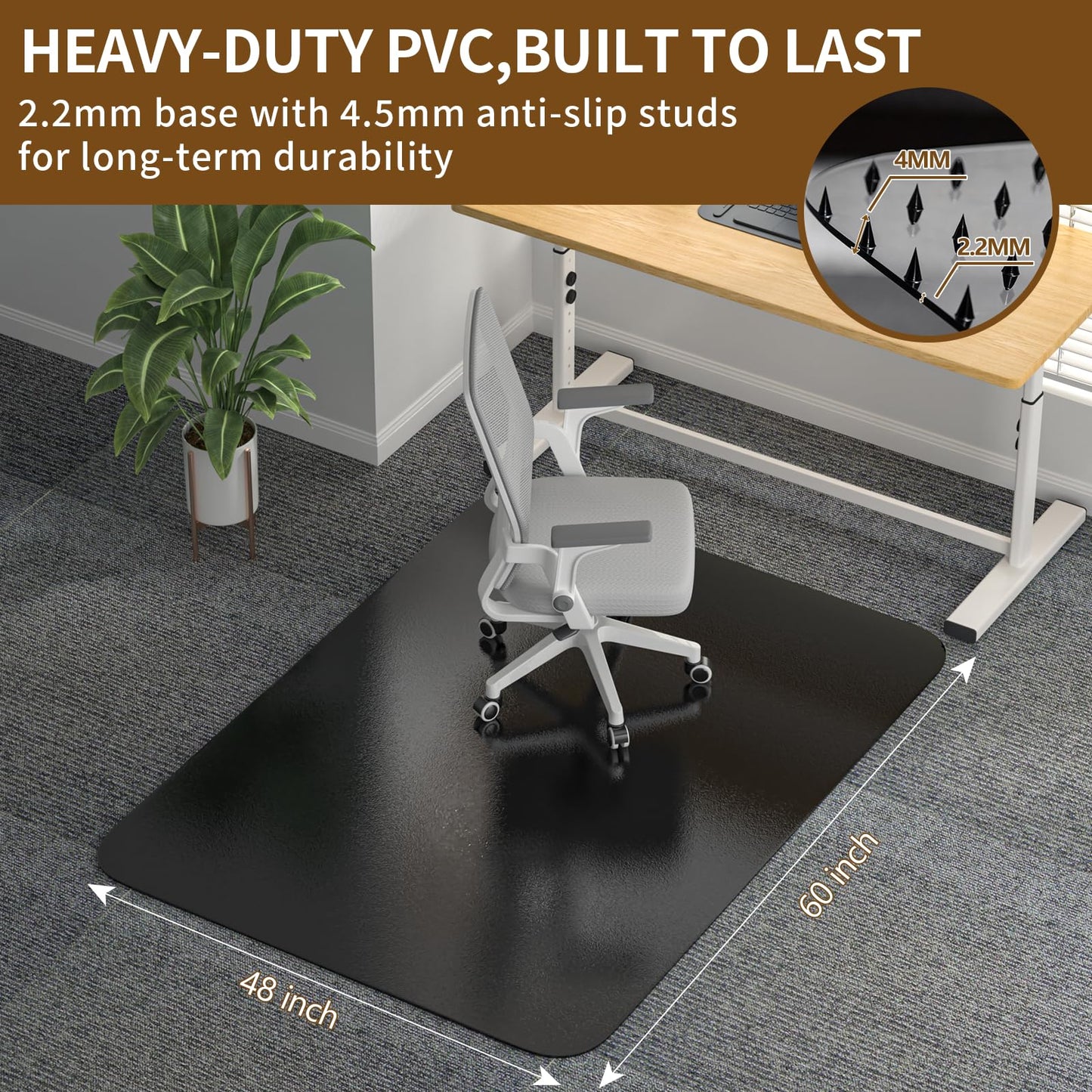 Office Chair Mat for Carpet 48”x 60”, Heavy Duty Desk Chair Mat for Low Pile Carpet with Cleats, Black Plastic Floor Mat for Gaming Chair, Smooth Rolling Carpet Chair Mat Protector