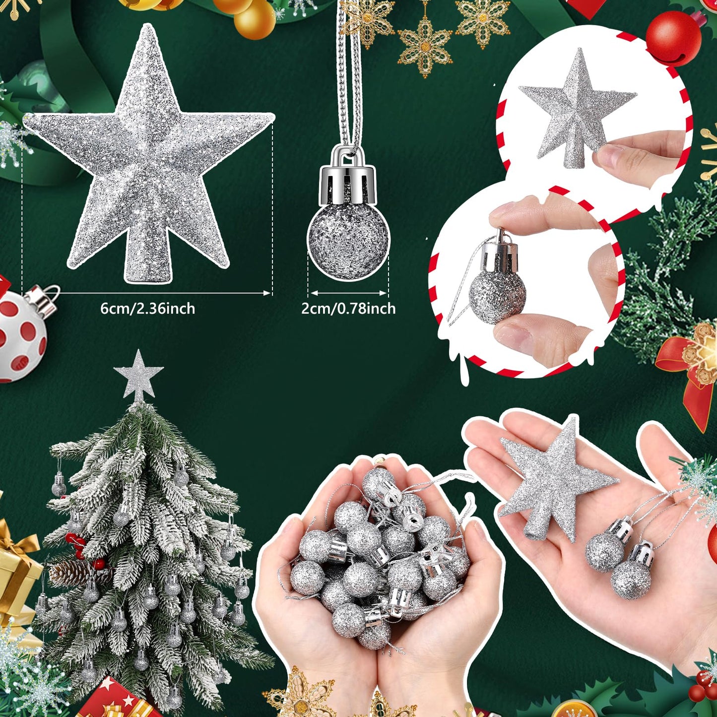 RoundFunny 25 Pcs Mini Valentine's Day Ornaments Set 0.79 Inch Glitter Valentine's Day Ball Tree Topper Star Hanging Ornaments for Party Decoration(Silver)