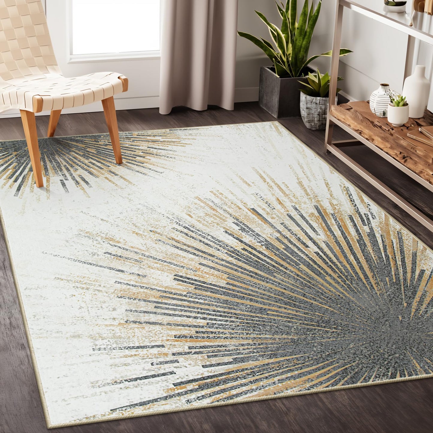 Lahome Modern Living Room Area Rug - 4x6 Rug Washable Non-Slip Soft Bedroom Rugs Ultra-Thin Throw Office Rug, Abstract Print Low-Profile Carpet Rug for Kitchen Laundry Room Entryway (Gold/Gray, 4'x6')