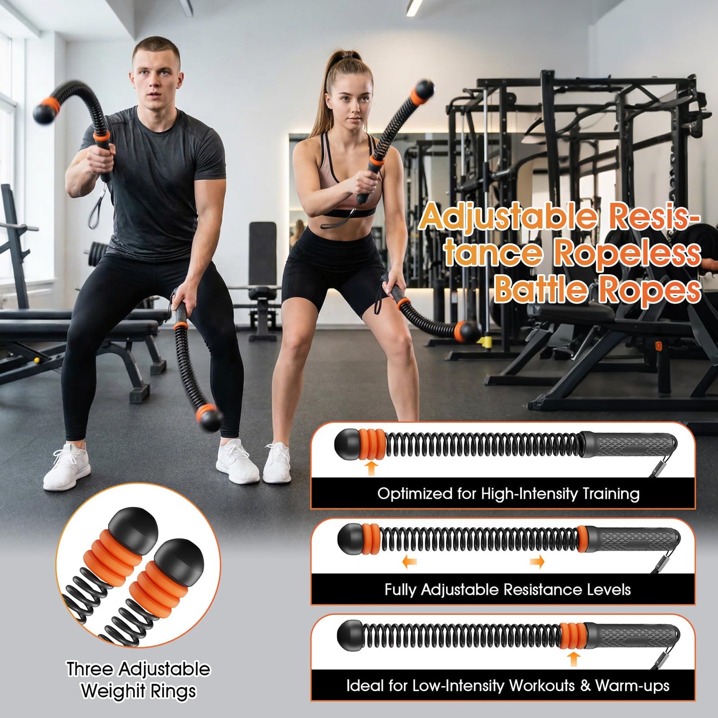 Ropeless Battle Ropes with 3 Adjustable Resistance Rings, Weighted Cordless Battle Rope for Home Gym, Portable Workout Equipment for HIIT, Cardio, Muscle Training & Fat Burning for Men Women (Black)