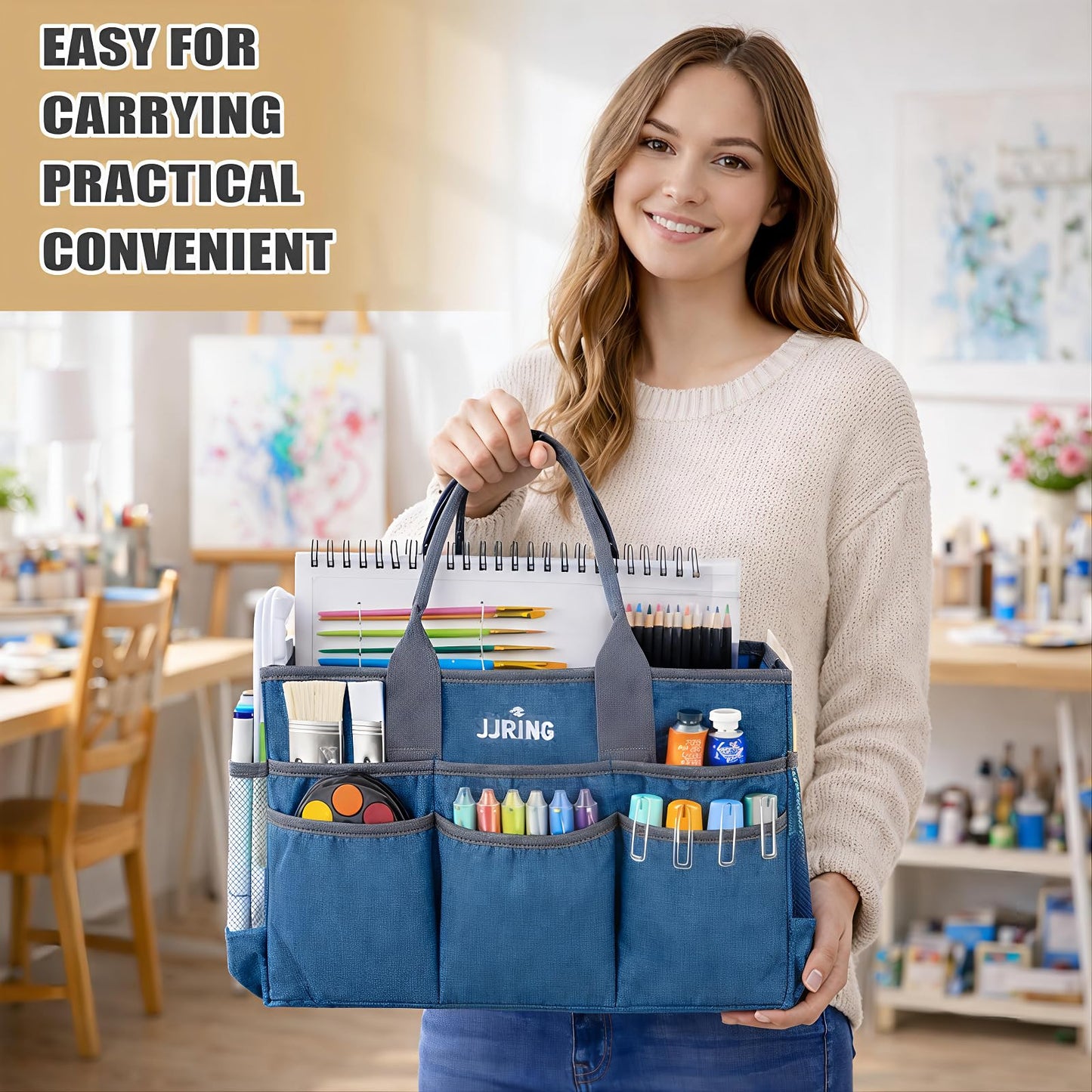JJRING Large Art Supply Storage Tote Bag With 2 Mesh Side Pockets & Front Elastic Pockets – Sturdy Craft Organizer Caddy with Reinforced Bottom For Sewing, Scrapbooking, Teachers & Artists(Green)