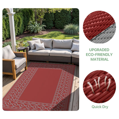 GENIMO Outdoor Rug Waterproof 6'x9' for Patio, Foldable Reversible Plastic Straw Carpet for Travel Trailers, Outside Area Mat for Rv, Deck, Picnic, Porch, Balcony, Beach, Red & Grey