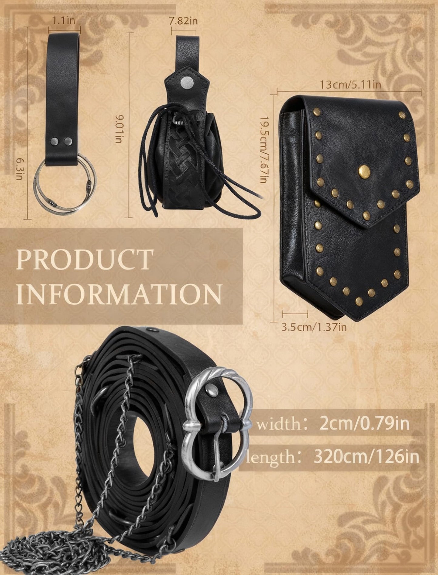 Minhuida Medieval Belt with Renaissance Bag & Detachable Chains, Vintage Faux Leather Waist Pouch Dresses Belt Halloween Cosplay Costume Accessorie (Black)
