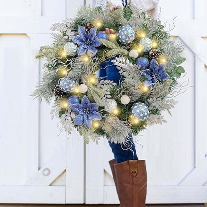 WANNA-CUL Pre-Lit 24 Inch Christmas Wreath for Front Door Silver Blue Lighted Christmas Door Wreath Decoration with Ball Ornaments, Poinsettia Flowers,Pine Cones, Battery Operated 30 LED Lights