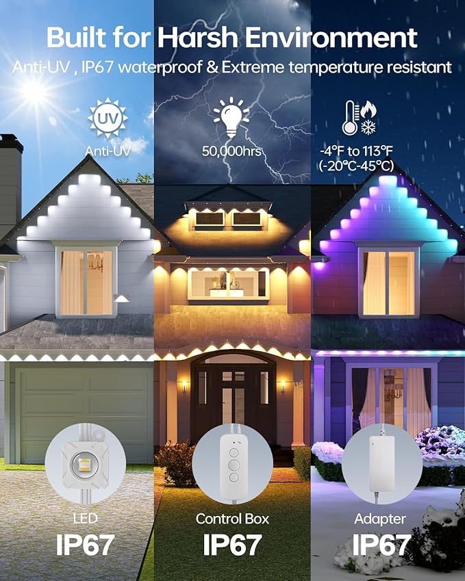 ASAHOM Permanent Outdoor Light Pro S108D, 200FT with 144 RGBCW LEDs, WLED Integration, AI Lighting, 30000 Lighting Effect Combination, IP67 Waterproof for Halloween Christmas Daily Decor, White