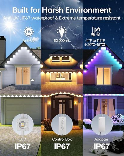 ASAHOM Permanent Outdoor Light Pro S108B, 100FT with 72 RGBCW 70lm LED, WLED Integration, AI Lighting, 30000 Lighting Effect Combination, IP67 Waterproof for Halloween Christmas and Daily Decor, White