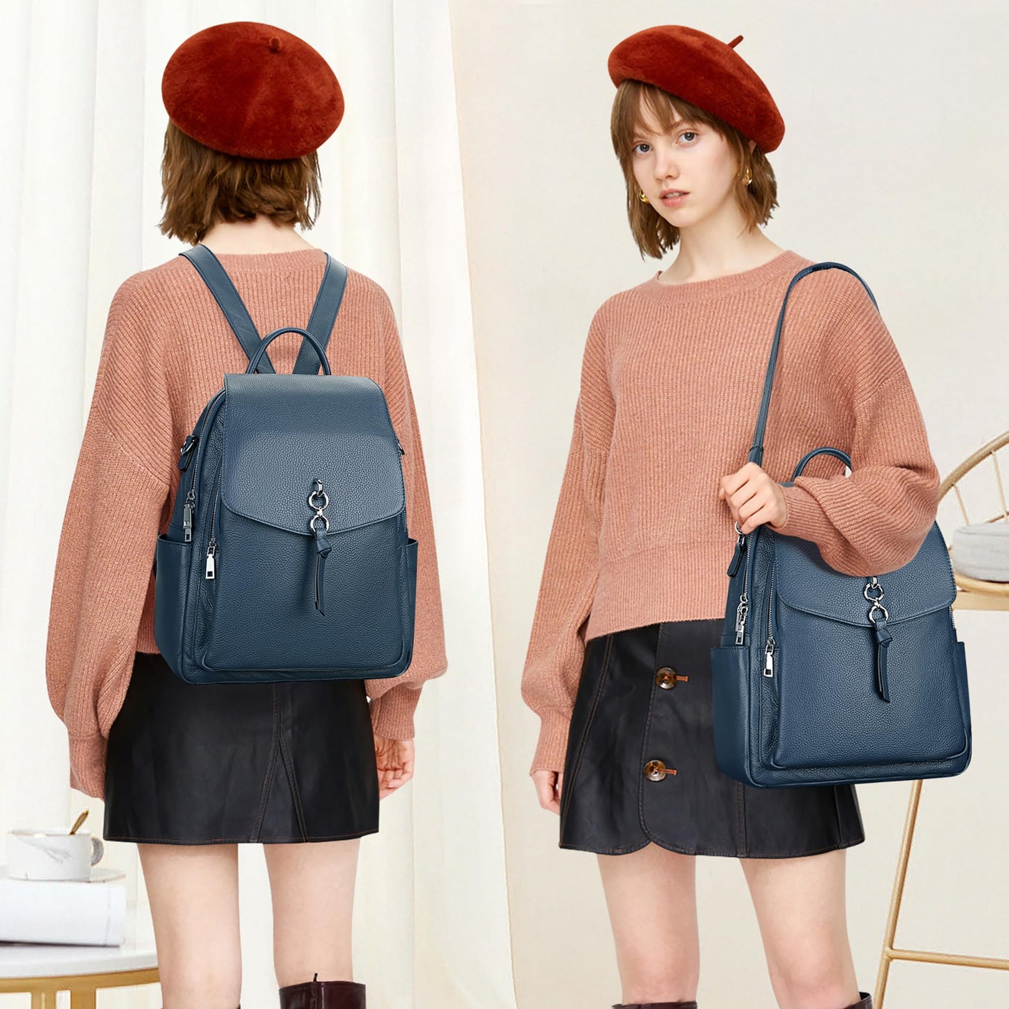 ALTOSY Women Leather Backpack Purse Fashion Convertible Ladies Shoulder Bag with Flap (S96 Indigo Blue)