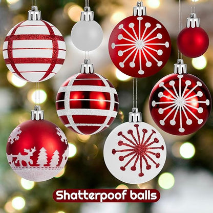 44PCS Christmas Ball Ornaments Set Xmas Tree Decoration Balls 2025 Shatterproof Hanging Colored for Party Wedding Home Party Outdoor Indoor Red & White