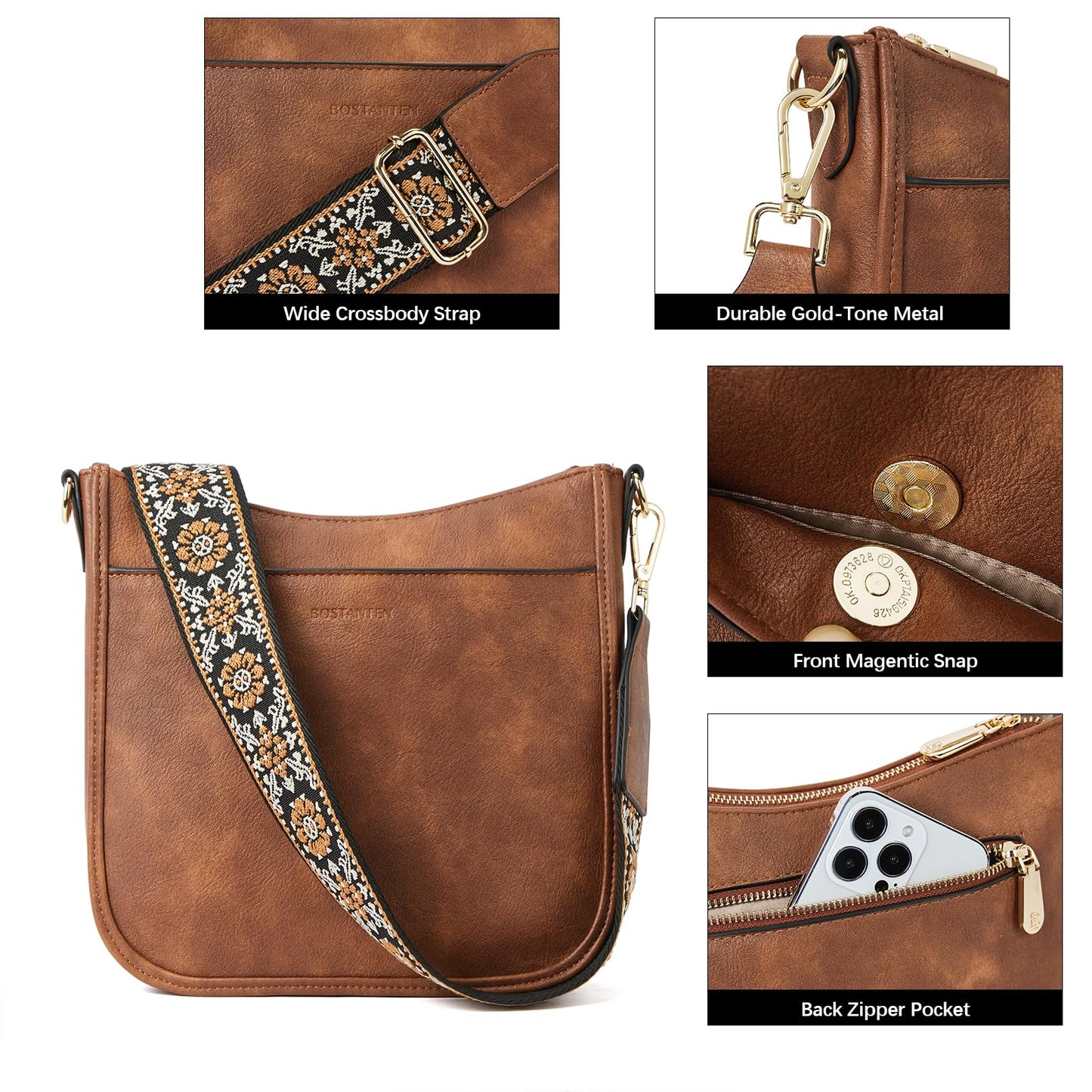 BOSTANTEN Crossbody Bags for Women Trendy Vegan Leather Hobo Purses Shoulder Handbags With Wide Shoulder Strap Brown