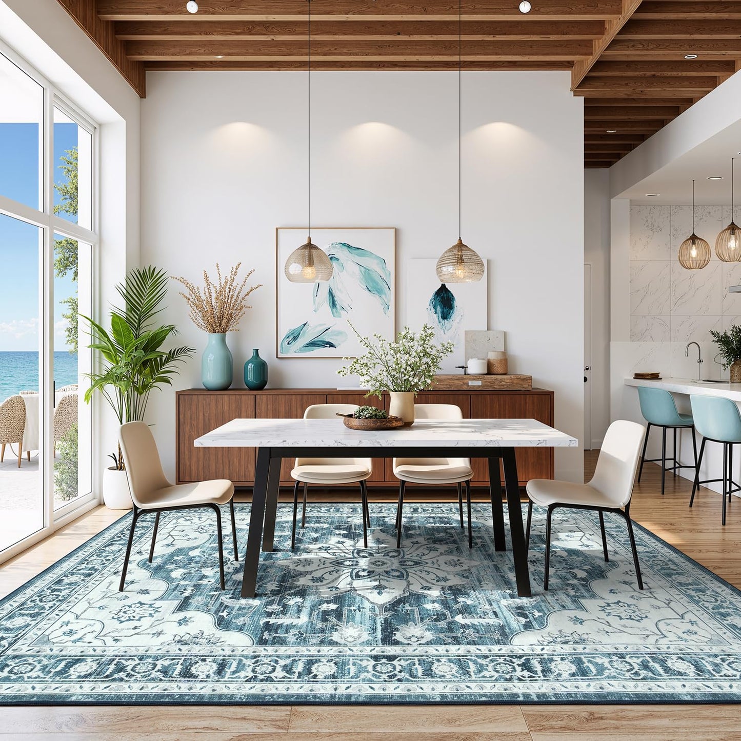 Vibrug 5x7 Coastal Blue White Area Rugs for Living Room - Vintage Boho Medallion Aesthetic Distressed Washable Rug, Soft Non-Slip Backing Low Pile Carpet for Office, Lounge, Bedroom Foot of Bed