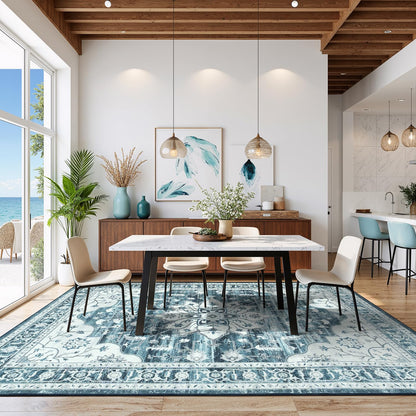 Vibrug 5x7 Coastal Blue White Area Rugs for Living Room - Vintage Boho Medallion Aesthetic Distressed Washable Rug, Soft Non-Slip Backing Low Pile Carpet for Office, Lounge, Bedroom Foot of Bed
