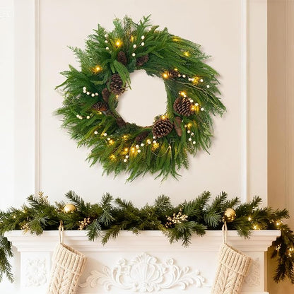 Prelit Christmas Wreaths for Front Door 24 Inch- Real Touch Norfolk Pine Wreath with Lights,Green Evergreen Outdoor Xmas Wreath with Natural Pine Cones and Berries for Farmhouse Home Decor