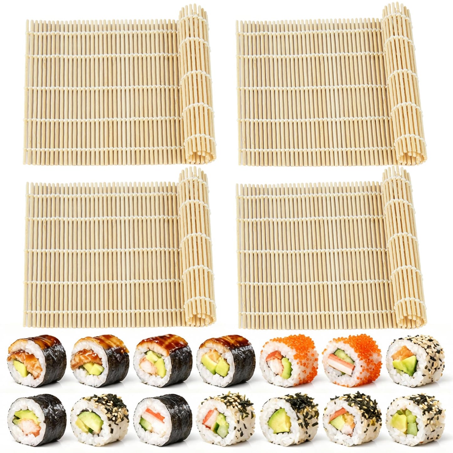 YEAJOIN 4 Pcs Bamboo Roll Sushi Mat, Sushi roll maker for Kimbap Sushi Maki Rolls, Easy Homemade (9.5" x 9.5")