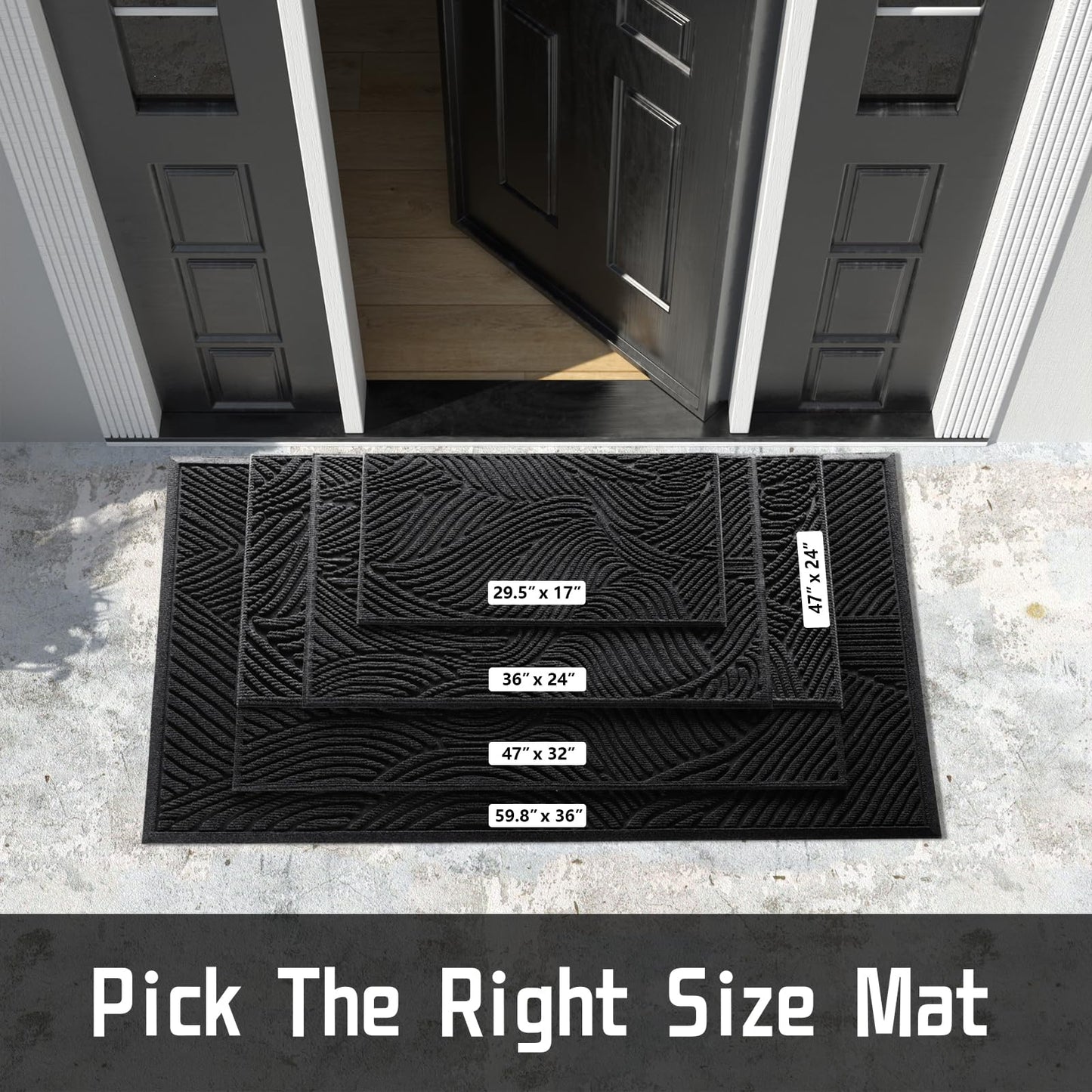 Yimobra Doormat Indoor Outdoor Entrance, Simple Stripes, All-Weather Waterproof & Non-Slip Mat for Front Door, Heavy Duty Polyester Welcome Mat for Garage, Patio-60x36，Black