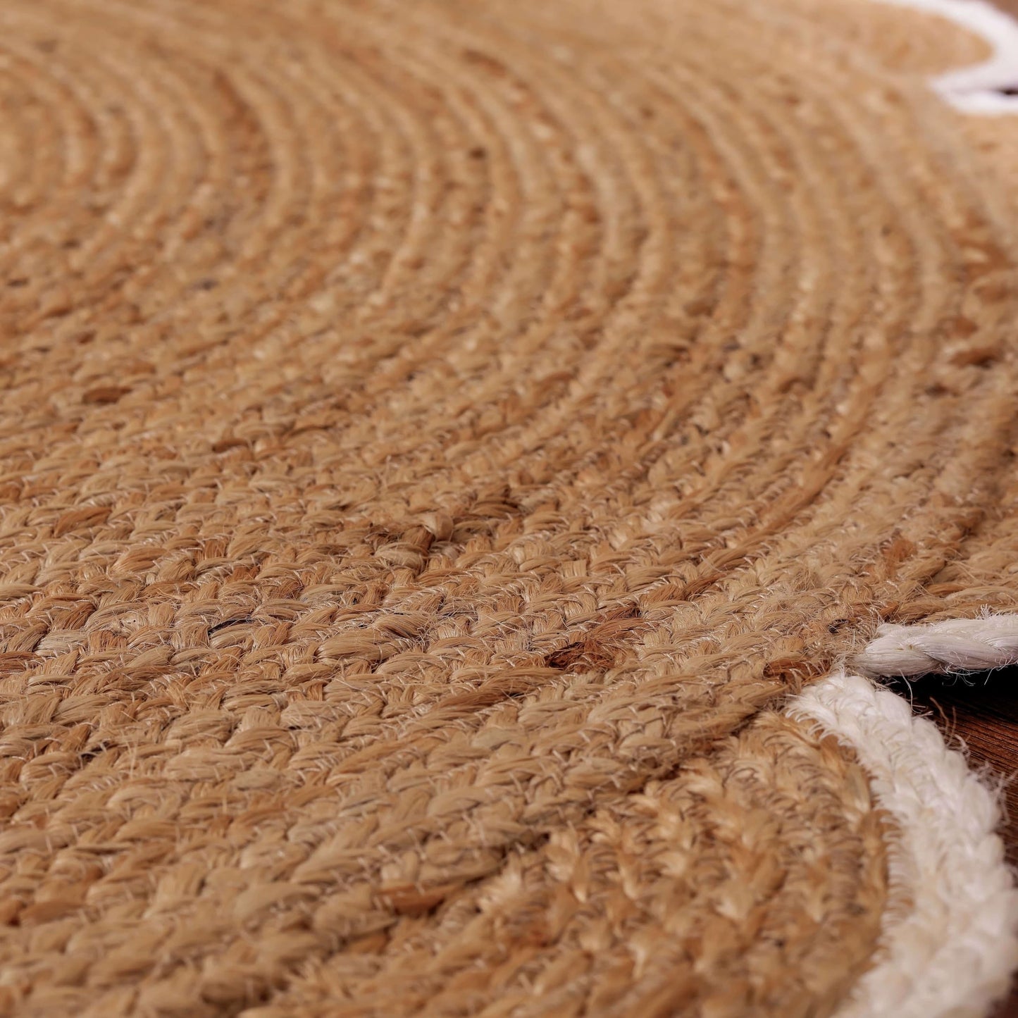 RUGSWEAVE Jute Braided Area Rug - 4'x4' Round Vintage Farmhouse Rug, Handmade Circle Boho Area Rug for Living Room, Bedroom, Natural x White Trim