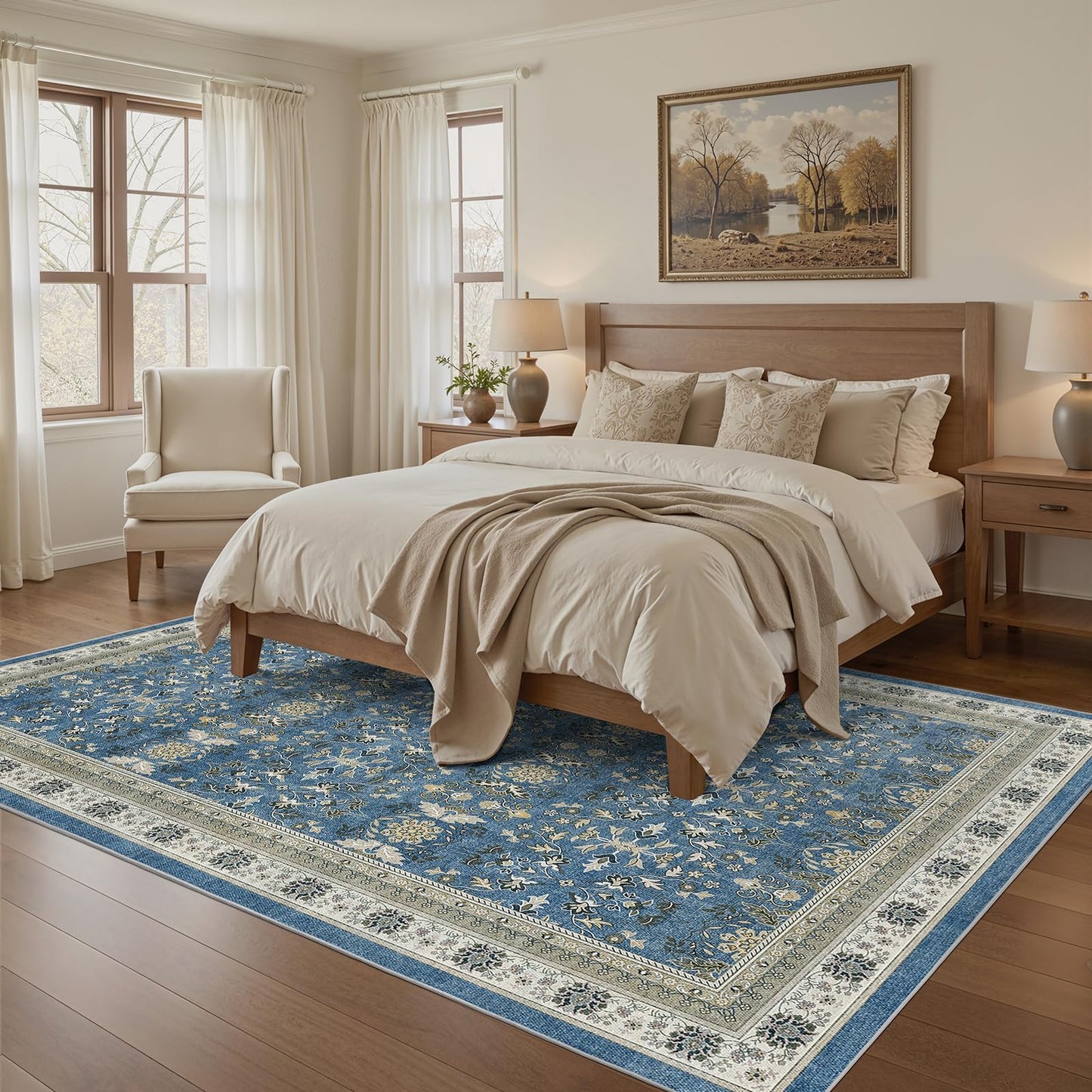 WITSHOCK Living Room Rug 8x10: Vintage Distressed Oushak Boho Farmhouse Retro Antique, Dining Room Rugs for Under Table, Bedroom Nursery Playroom, Ultra Soft Non-Slip Washable Stain Resistance, Blue