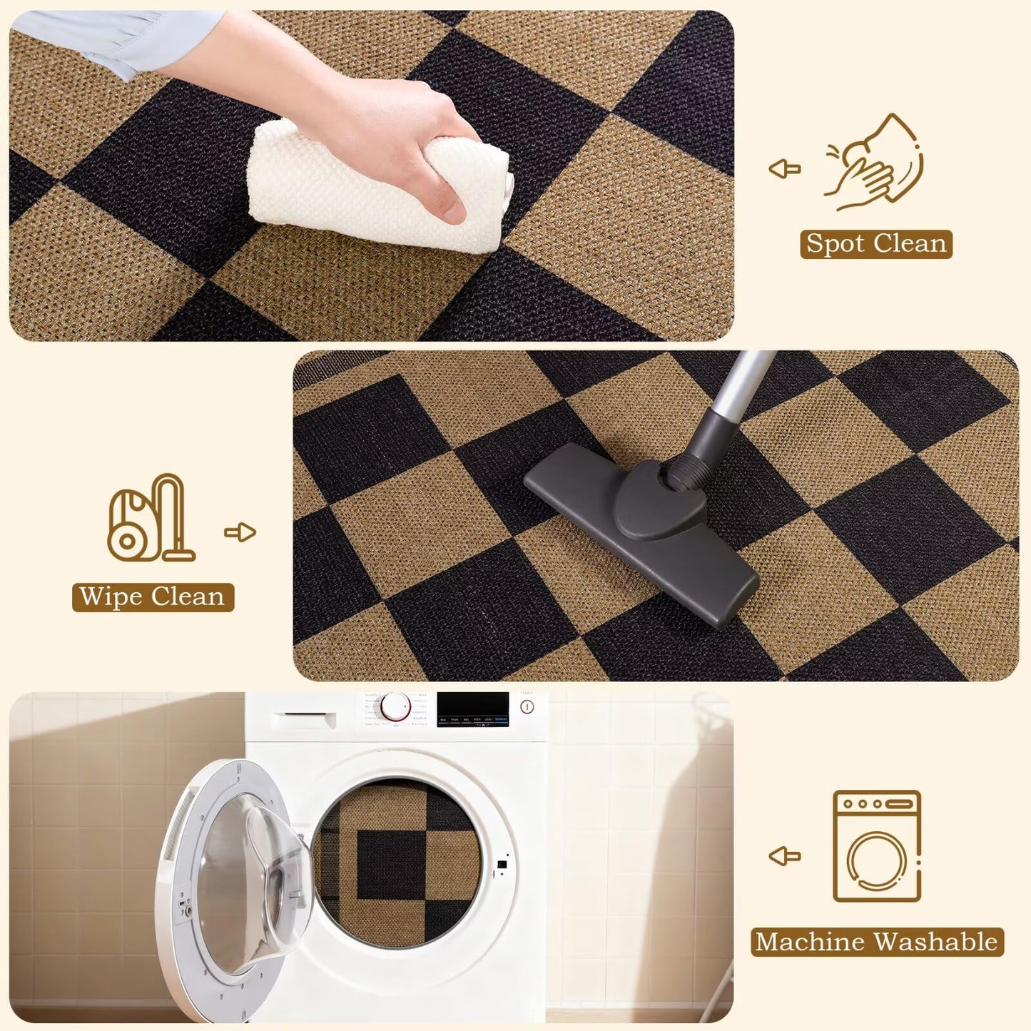 3x5 Outdoor Rug, Jute Checkered Rugs, Patio, Entryway, Balcony, Porch Indoor Plaid Carpets, Washable Bedroom Kitchen Carpet, Non Slip Farmhouse Neutral Laundry Office Floor Mat, Black and Brown