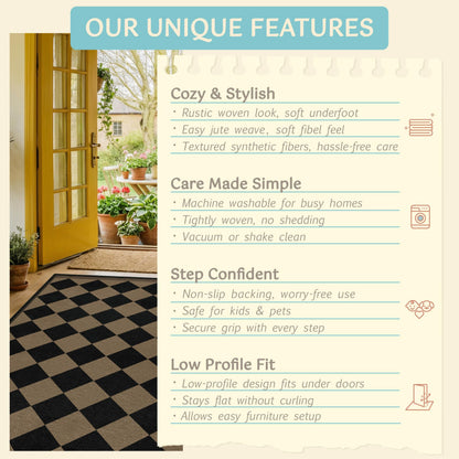 Black & Brown Checkered Easy Jute Outdoor Rug 4x6 for Porch Patio, Washable Non-Slip Diamond Checkerboard Entryway Office and Backyard Boho Border Rug, Farmhouse Low Pile Indoor Carpet for Living Room