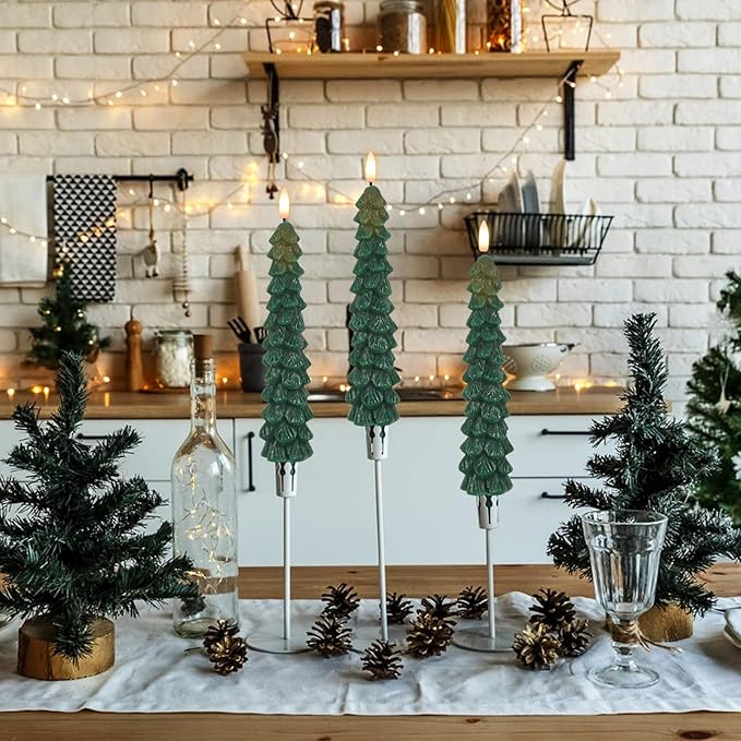GenSwin Christmas Tree Flameless Taper Candles with Remote Timer, Christmas LED Taper Candles with 3D Flame, 4 Pcs Green LED Candlesticks for Christmas Home Decoration(0.78” x 9.8”)