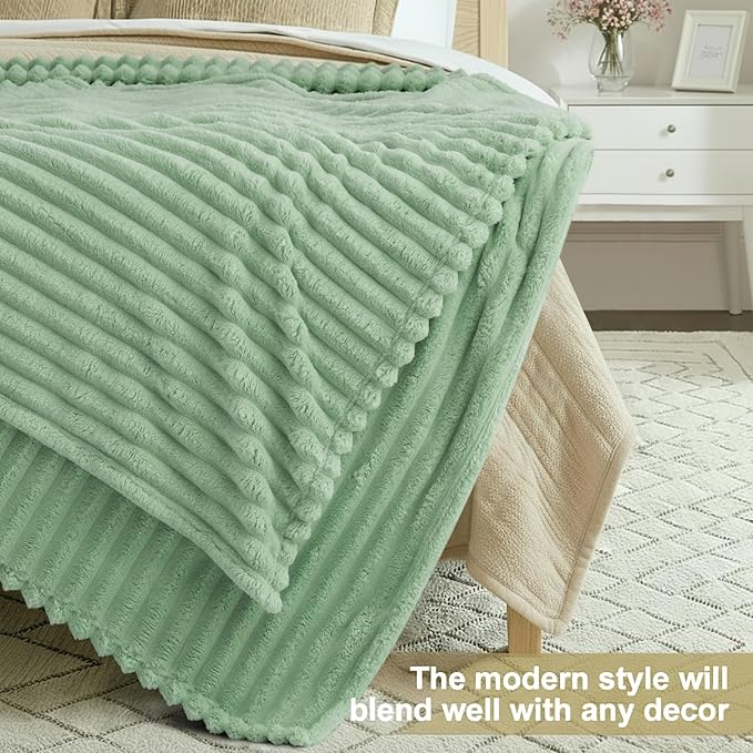 decorUhome Soft Fleece Sage Green Throw Blanket for Couch, Cozy Fluffy Plush Flannel Striped Blanket for Sofa Bed, Lightweight Decorative Ribbed Fuzzy Blanket for Woman, 50x60 Inches