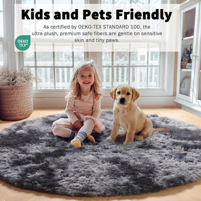 ONASAR Tie-Dyed Dark Grey Round Area Rugs 5ft, Ultra Soft Bedroom Circle Rug for Kids Girls Teen Room, Fluffy Plush Shaggy Carpet Floor Mats for Baby Nursery Living Room Playroom Home Decor