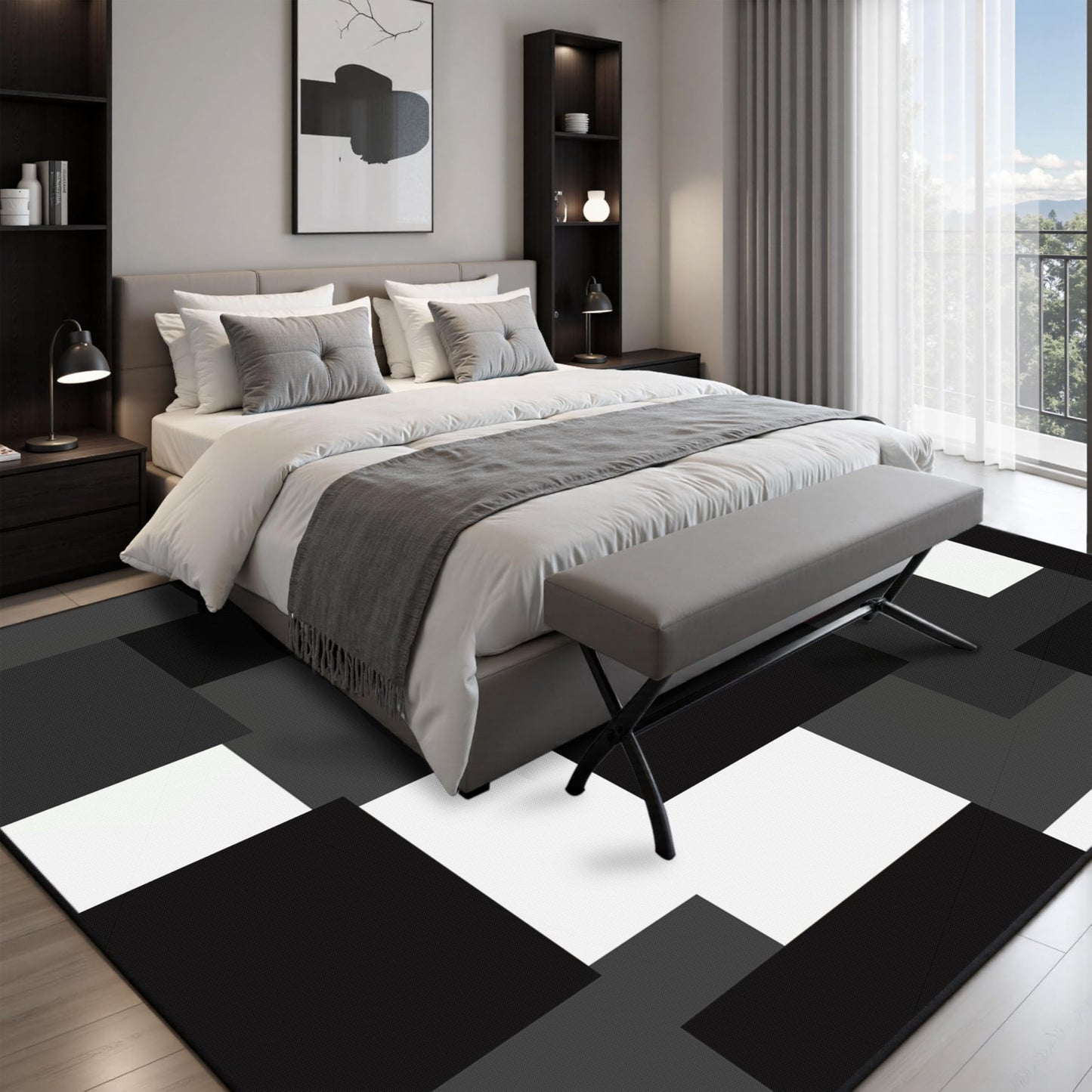 Tyrot Modern Geometric 8x10 Area Rugs for Living Room Ultra Thin Linen-Look Abstract Indoor Rug Non Slip & Non-Shedding Washable Black and White Grey Rug for Bedroom, Dining Room Home Office