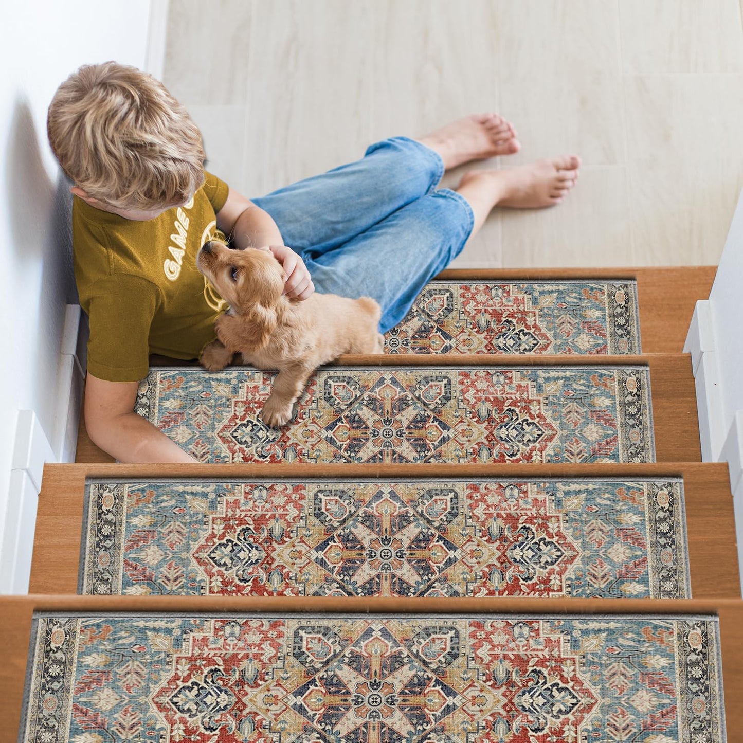 Non-Slip Stair Treads for Wooden Steps 15pcs,8"x30" Stair Carpet Treads for Indoor Use,Peel and Stick Stair Runners,Washable Reusable Adhesive Backing,Pet-Friendly Stair Capet for Kids,Elders,Dogs