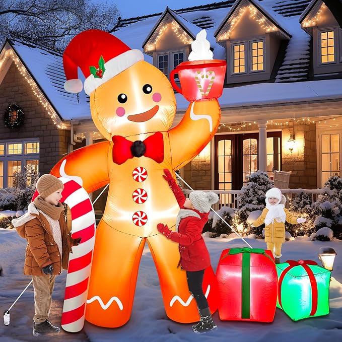 8 FT Christmas Gingerbread Inflatable Outdoor Decoration With LED Lights, Cute Gingerbread Man With Gift & Hot Cocoa Blow Up Yard Decor for Garden