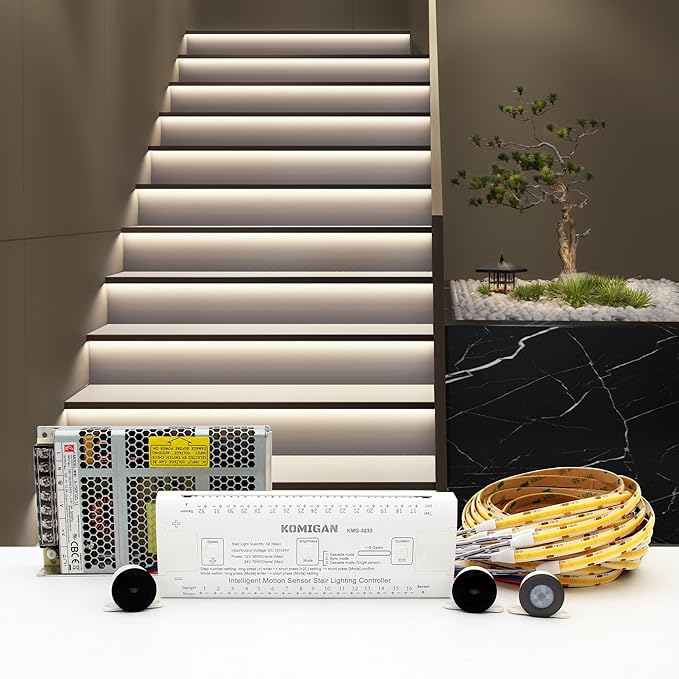Intelligent Motion Triggered LED Stair Lighting Kit KMG-3233, 40" Cuttable LED Strip Light for Indoor LED Stair Lights (Cool White 6000K,12 Stairs)