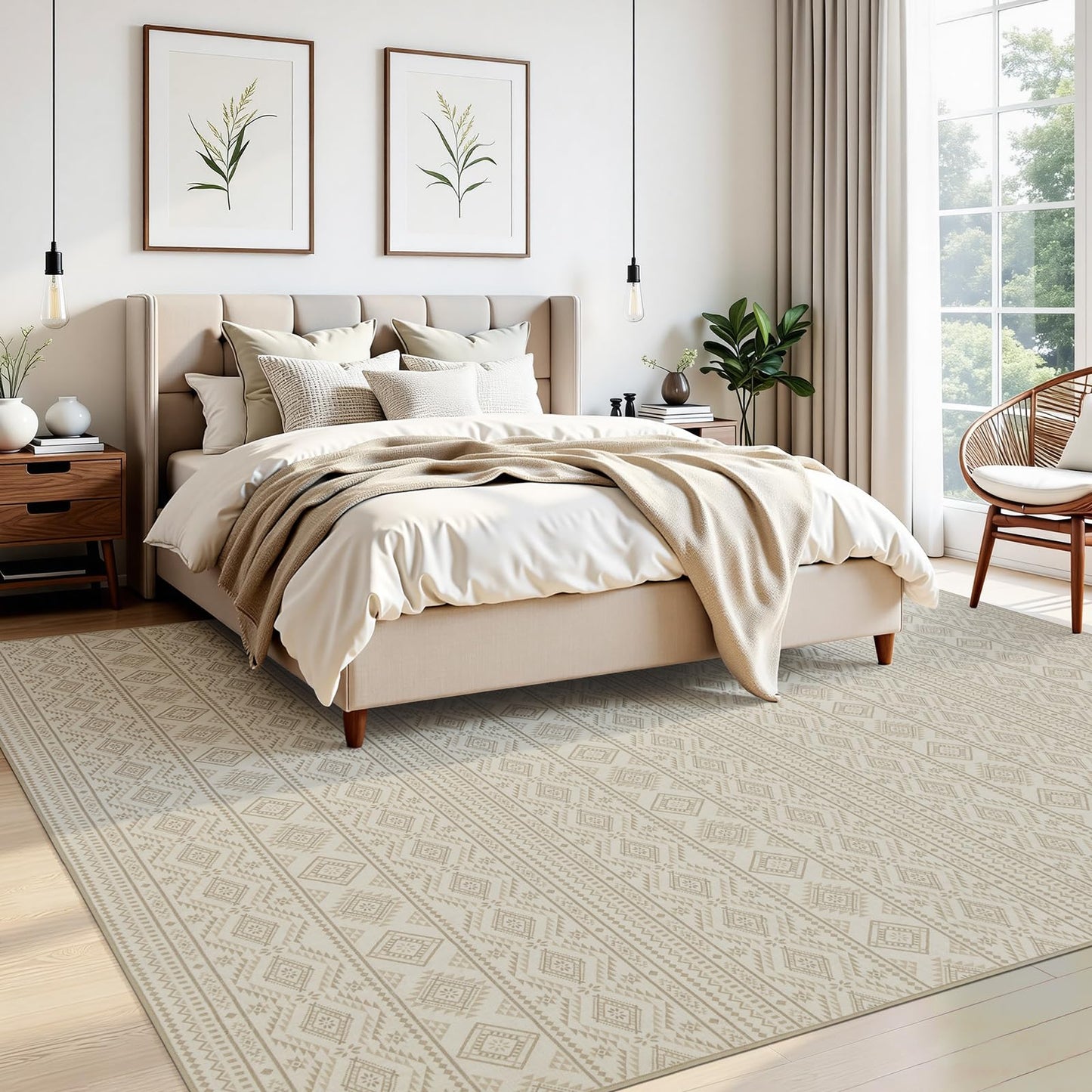 Joydeco 5×7 Area Rugs for Living Room, Non-Slip Boho Moroccan Soft Washable Rug, Low Pile Carpet for Bedroom, Dining Room, Home Office, Pet & Child Friendly, Cream&Dark Brown