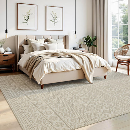 Joydeco 5×7 Area Rugs for Living Room, Non-Slip Boho Moroccan Soft Washable Rug, Low Pile Carpet for Bedroom, Dining Room, Home Office, Pet & Child Friendly, Cream&Dark Brown