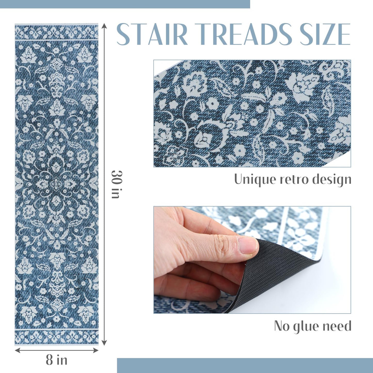 Breling 15 Pcs Blue and White Floral Stair Treads for Wooden Steps 8x30 Inches Stair Treads Indoor Non-Slip Carpet Runner Decorative Long Rugs Safety Mats for Indoor Carpet Covers Elders and Dogs